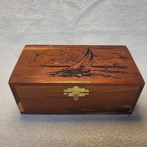 Vintage Cedar Jewelry Trinket Box With Sailboat Scene Cape Cod Massachusetts